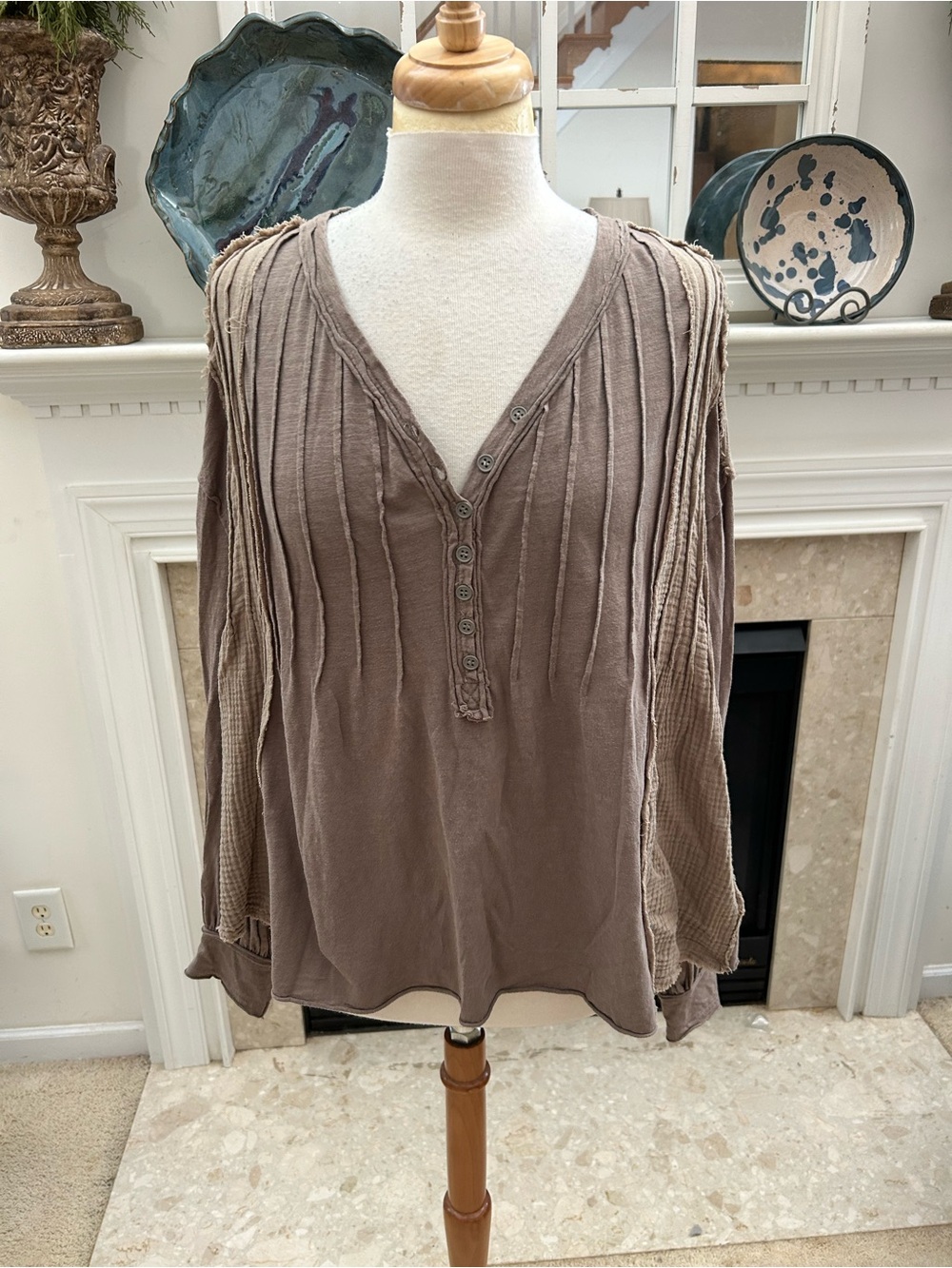 Oli & Hali Taupe Ribbed Oversized Henley Style Long Sleeve Top